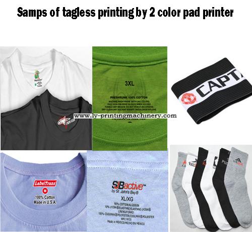 Garment tagless pad printer with pad moved 