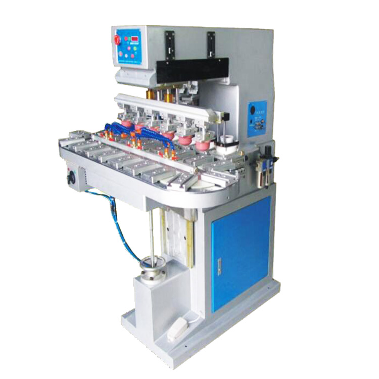 Rotary 6 color pad printer with closed ink cup system